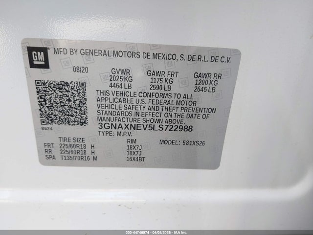 Продажа на аукционе авто 2020 Chevrolet Equinox Fwd Premier 1.5l Turbo, vin: 3GNAXNEV5LS722988, номер лота: 44746974
