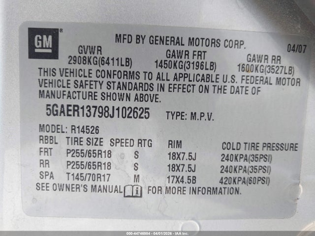 2008 Buick Enclave Cx მანქანა იყიდება აუქციონზე, vin: 5GAER13798J102625, აუქციონის ნომერი: 44746984