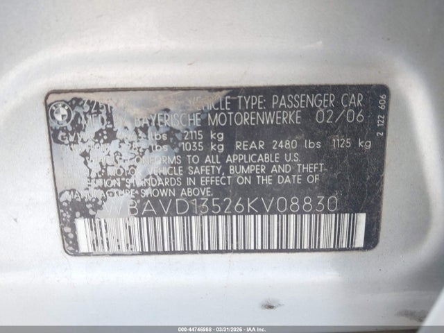 Продаж на аукціоні авто 2006 Bmw 325xi, vin: WBAVD13526KV08830, номер лоту: 44746988