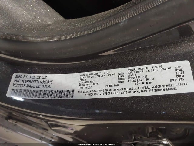 2020 Ram 1500 Big Horn  4x2 5'7 Box მანქანა იყიდება აუქციონზე, vin: 1C6RREFT7LN390315, აუქციონის ნომერი: 44746992