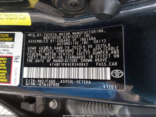 2014 Toyota Camry L მანქანა იყიდება აუქციონზე, vin: 4T4BF1FK4ER340842, აუქციონის ნომერი: 44747002