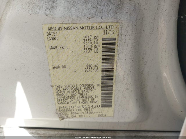Aukcja sprzedaży 2016 Nissan Altima 2.5/2.5 S/2.5 Sl/2.5 Sr/2.5 Sv, vin: 1N4AL3AP3GN311420, numer aukcji: 44747006