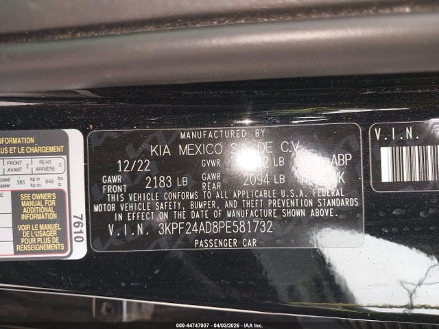 2023 Kia Forte Lxs მანქანა იყიდება აუქციონზე, vin: 3KPF24AD8PE581732, აუქციონის ნომერი: 44747007