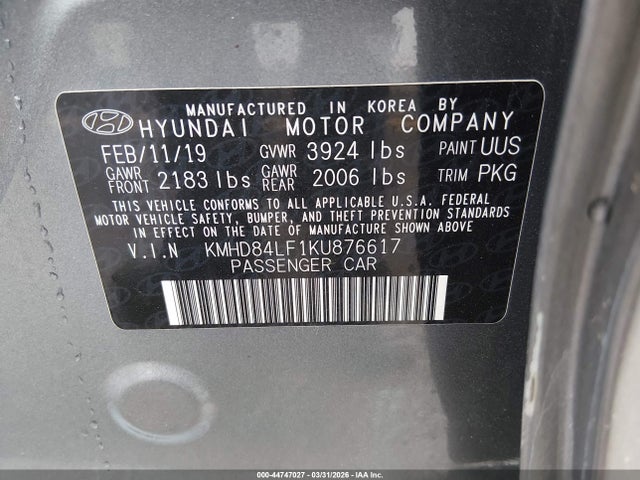 Продаж на аукціоні авто 2019 Hyundai Elantra Sel, vin: KMHD84LF1KU876617, номер лоту: 44747027