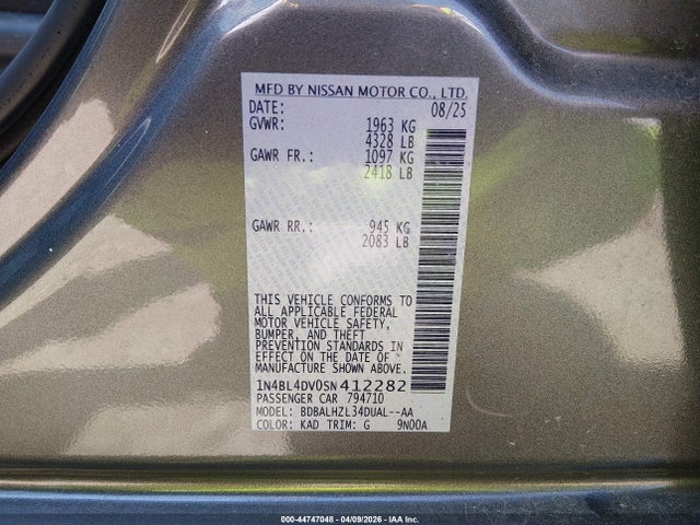 Aukcja sprzedaży 2025 Nissan Altima Sv Fwd, vin: 1N4BL4DV0SN412282, numer aukcji: 44747048