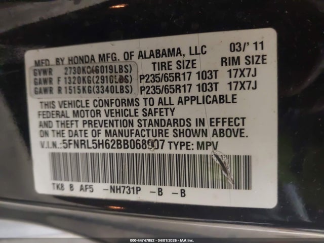 2011 Honda Odyssey Ex-l მანქანა იყიდება აუქციონზე, vin: 5FNRL5H62BB068907, აუქციონის ნომერი: 44747052