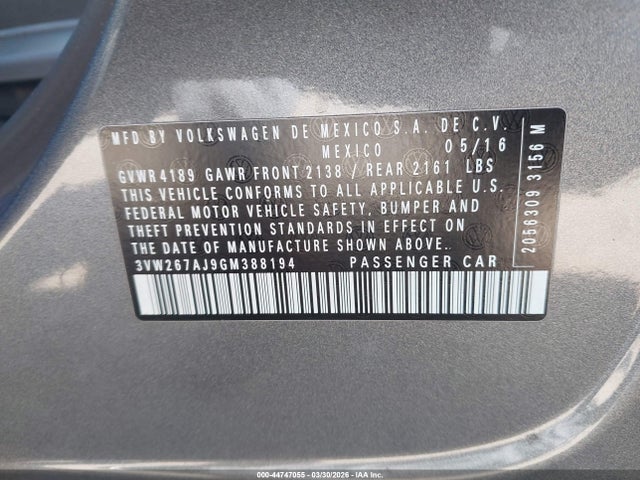 44747055 :رقم المزاد ، 3VW267AJ9GM388194 vin ، 2016 Volkswagen Jetta 1.4t S مزاد بيع