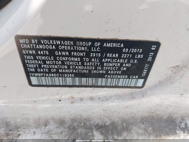 44747057 :رقم المزاد ، 1VWBP7A36DC119355 vin ، 2013 Volkswagen Passat 2.5l Se مزاد بيع