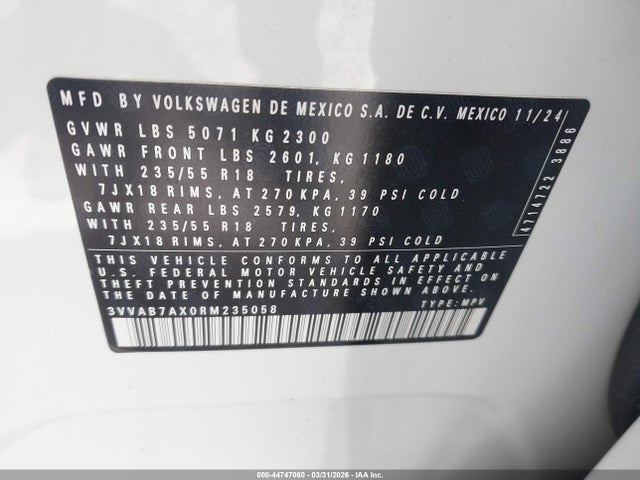 Продаж на аукціоні авто 2024 Volkswagen Tiguan 2.0t Wolfsburg Edition, vin: 3VVAB7AX0RM235058, номер лоту: 44747060