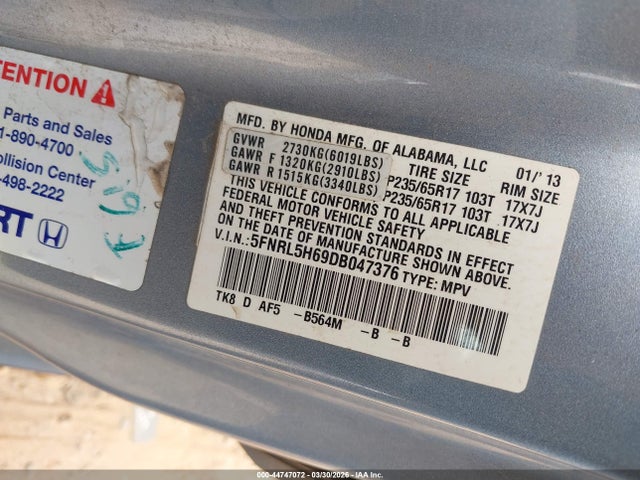 2013 HONDA ODYSSEY 5FNRL5H69DB047376 Photo 8