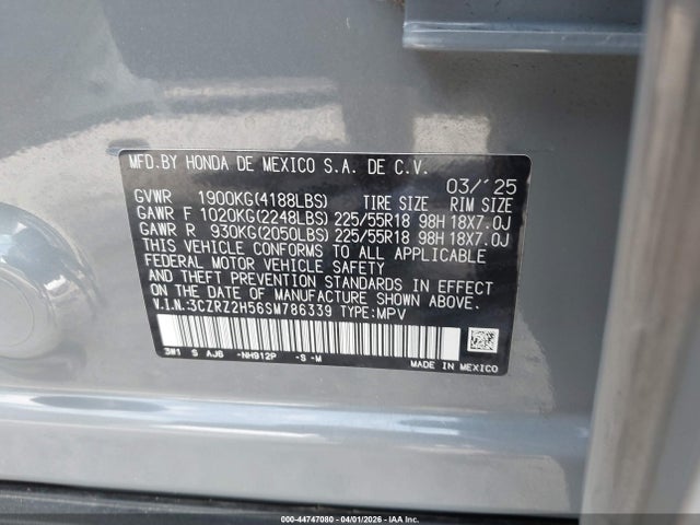44747080 :رقم المزاد ، 3CZRZ2H56SM786339 vin ، 2025 Honda Hr-v Awd Sport مزاد بيع