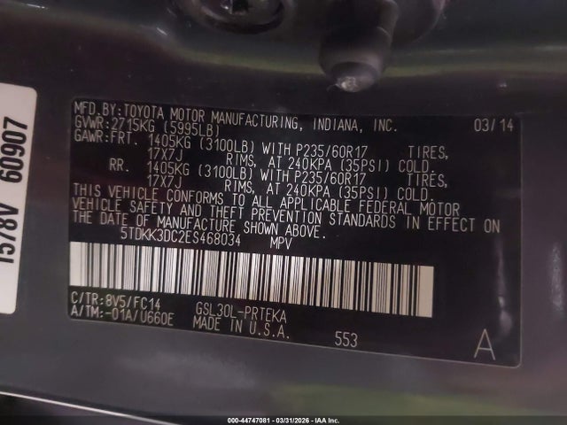 Aukcja sprzedaży 2014 Toyota Sienna Le V6 8 Passenger, vin: 5TDKK3DC2ES468034, numer aukcji: 44747081