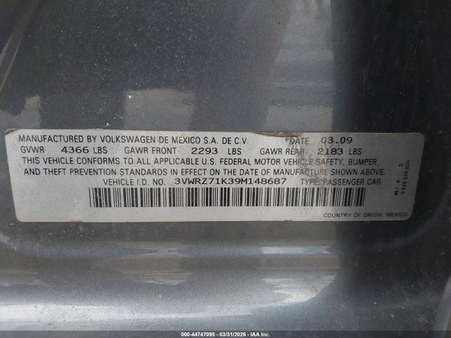 44747095 :رقم المزاد ، 3VWRZ71K39M148687 vin ، 2009 Volkswagen Jetta Se مزاد بيع
