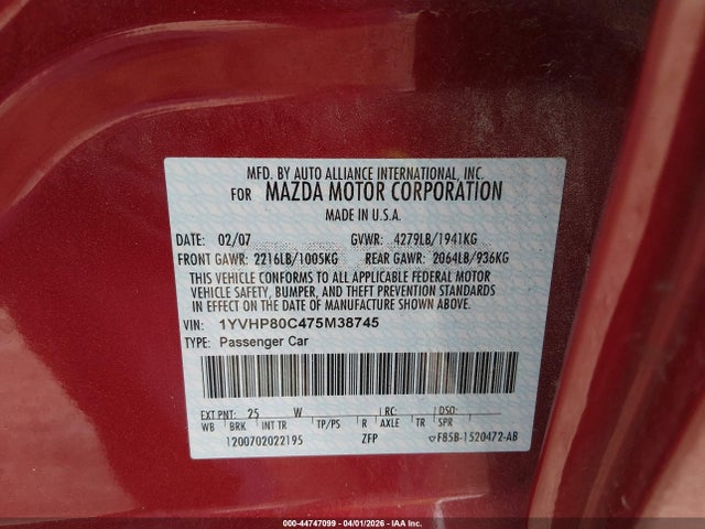 Продажа на аукционе авто 2007 Mazda Mazda6 I Sport Ve, vin: 1YVHP80C475M38745, номер лота: 44747099
