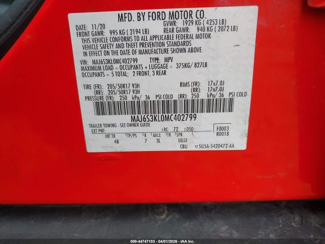 2021 Ford Ecosport Titanium მანქანა იყიდება აუქციონზე, vin: MAJ6S3KL0MC402799, აუქციონის ნომერი: 44747103