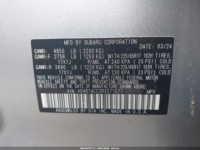 2024 Subaru Outback Premium მანქანა იყიდება აუქციონზე, vin: 4S4BTACC2R3271077, აუქციონის ნომერი: 44747112