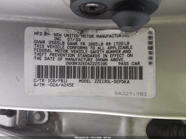 44747135 :رقم المزاد ، 1NXBR32E04Z225196 vin ، 2004 Toyota Corolla Ce مزاد بيع