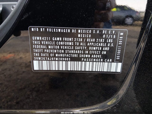44747146 :رقم المزاد ، 3VW2K7AJ6FM289603 vin ، 2015 Volkswagen Jetta 2.0l S مزاد بيع