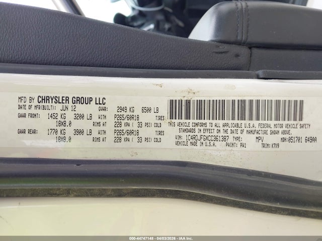 Продажа на аукционе авто 2012 Dodge Durango Special Service, vin: 1C4RDJFGXCC361387, номер лота: 44747148