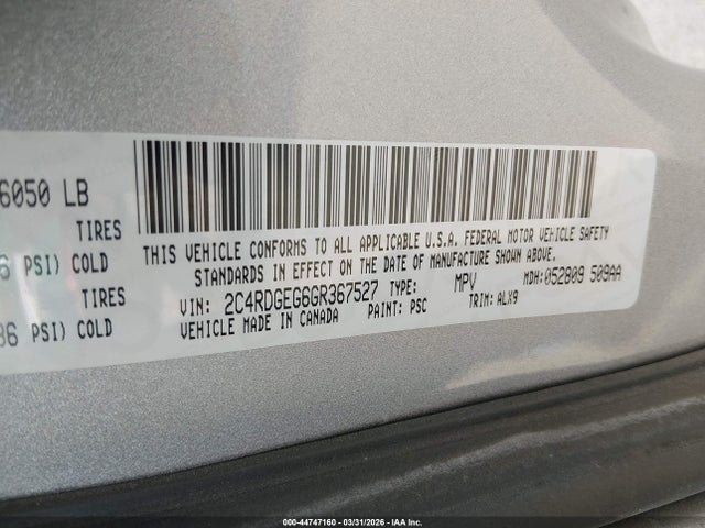 44747160 :رقم المزاد ، 2C4RDGEG6GR367527 vin ، 2016 Dodge Grand Caravan R/t مزاد بيع