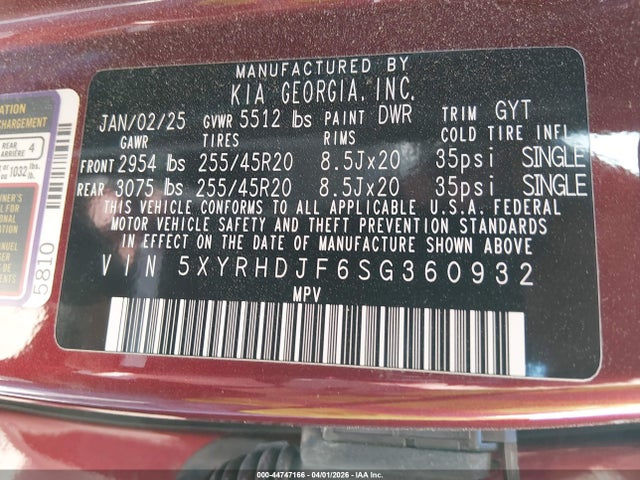 Продаж на аукціоні авто 2025 Kia Sorento Ex, vin: 5XYRHDJF6SG360932, номер лоту: 44747166