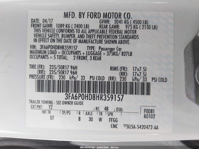 Aukcja sprzedaży 2017 Ford Fusion Se, vin: 3FA6P0HD8HR359157, numer aukcji: 44747167