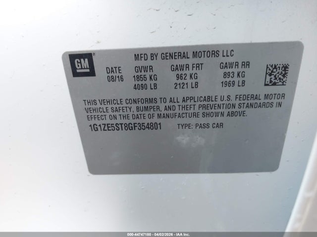 44747180 :رقم المزاد ، 1G1ZE5ST8GF354801 vin ، 2016 Chevrolet Malibu 1lt مزاد بيع
