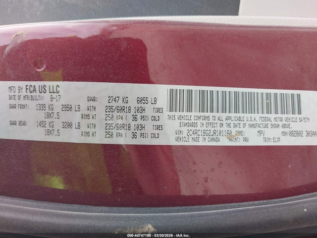 Aukcja sprzedaży 2018 Chrysler Pacifica Touring L, vin: 2C4RC1BG2JR101160, numer aukcji: 44747190