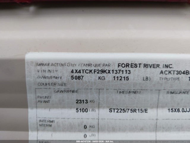 2019 Cherokee Forest River მანქანა იყიდება აუქციონზე, vin: 4X4TCKF29KX137113, აუქციონის ნომერი: 44747236