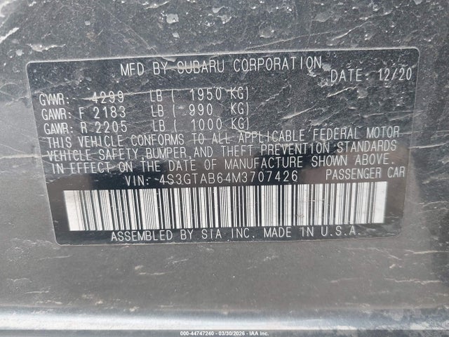 2021 Subaru Impreza 5-door მანქანა იყიდება აუქციონზე, vin: 4S3GTAB64M3707426, აუქციონის ნომერი: 44747240