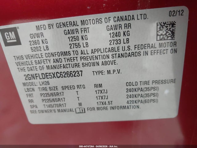 2012 CHEVROLET EQUINOX 2GNFLDE5XC6266237 Photo 8