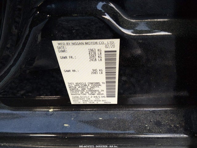 2020 Nissan Altima Sr Fwd მანქანა იყიდება აუქციონზე, vin: 1N4BL4CV3LC236536, აუქციონის ნომერი: 44747272