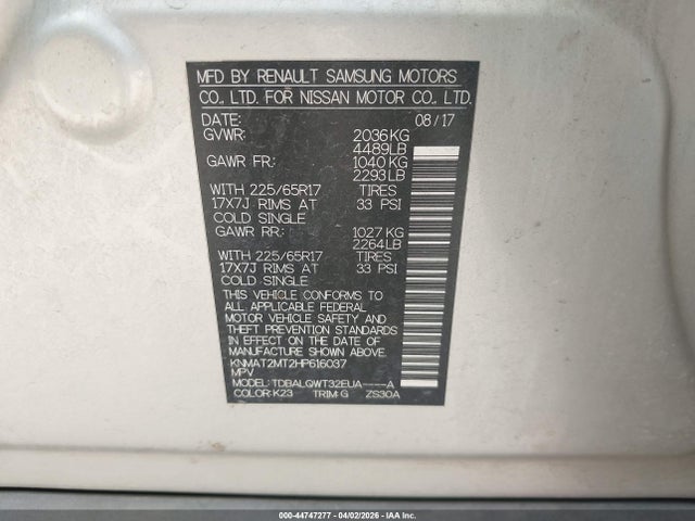 Aukcja sprzedaży 2017 Nissan Rogue Sv, vin: KNMAT2MT2HP616037, numer aukcji: 44747277