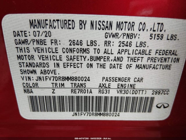 Продаж на аукціоні авто 2021 Infiniti Q50 Red Sport 400 Awd, vin: JN1FV7DR8MM880024, номер лоту: 44747288