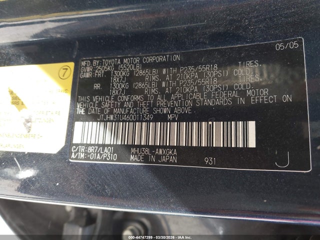 44747299 :رقم المزاد ، JTJHW31U460011349 vin ، 2006 Lexus Rx 400h مزاد بيع