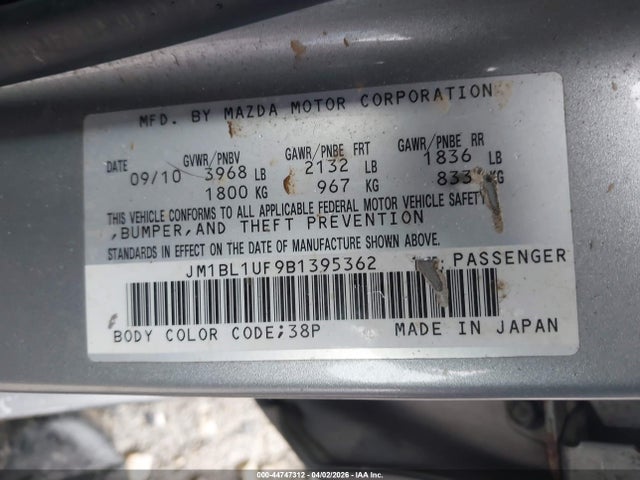 44747312 :رقم المزاد ، JM1BL1UF9B1395362 vin ، 2011 Mazda Mazda3 I Sport مزاد بيع