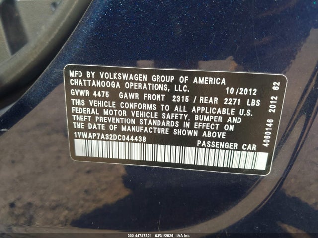 44747321 :رقم المزاد ، 1VWAP7A32DC044438 vin ، 2013 Volkswagen Passat 2.5l S مزاد بيع