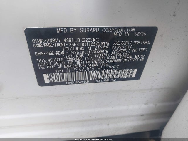 44747329 :رقم المزاد ، JF2SKAJC5LH522857 vin ، 2020 Subaru Forester Premium مزاد بيع