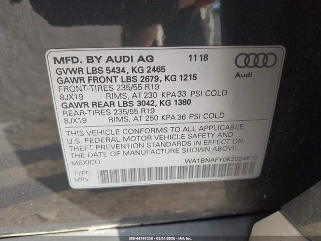 44747330 :رقم المزاد ، WA1BNAFY0K2024670 vin ، 2019 Audi Q5 45 Premium مزاد بيع