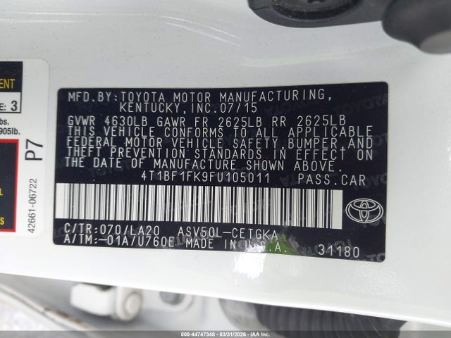 Продаж на аукціоні авто 2015 Toyota Camry Xle, vin: 4T1BF1FK9FU105011, номер лоту: 44747348