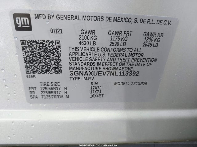 44747349 :رقم المزاد ، 3GNAXUEV7NL113392 vin ، 2022 Chevrolet Equinox Awd Lt مزاد بيع