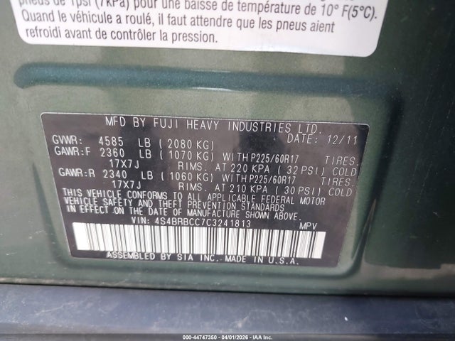 44747350 :رقم المزاد ، 4S4BRBCC7C3241813 vin ، 2012 Subaru Outback 2.5i Premium مزاد بيع