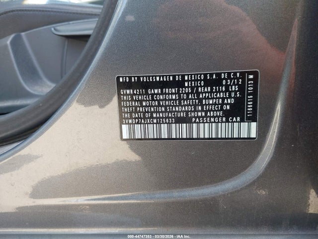 Aukcja sprzedaży 2012 Volkswagen Jetta 2.5l Se, vin: 3VWDP7AJXCM125633, numer aukcji: 44747353