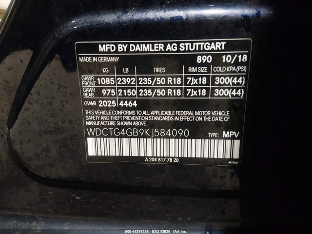 Aukcja sprzedaży 2019 Mercedes-benz Gla 250 4matic, vin: WDCTG4GB9KJ584090, numer aukcji: 44747358