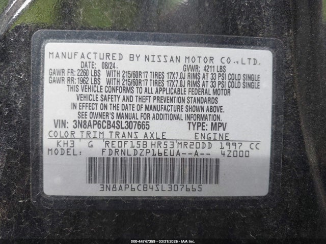 44747359 :رقم المزاد ، 3N8AP6CB4SL307665 vin ، 2025 Nissan Kicks Sv Intelligent Awd مزاد بيع