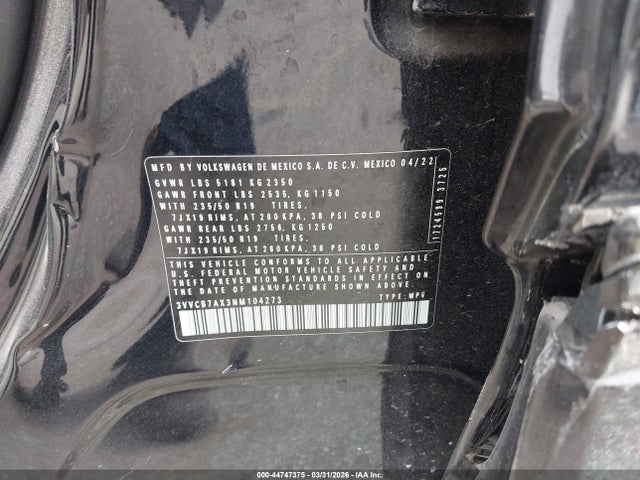 Aukcja sprzedaży 2022 Volkswagen Tiguan 2.0t Se R-line Black, vin: 3VVCB7AX3NM104273, numer aukcji: 44747375