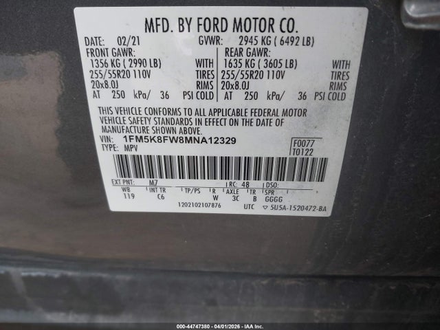 44747380 :رقم المزاد ، 1FM5K8FW8MNA12329 vin ، 2021 Ford Explorer Limited مزاد بيع