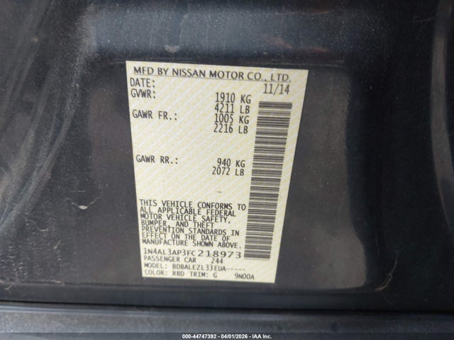 44747392 :رقم المزاد ، 1N4AL3AP3FC218973 vin ، 2015 Nissan Altima 2.5 S مزاد بيع