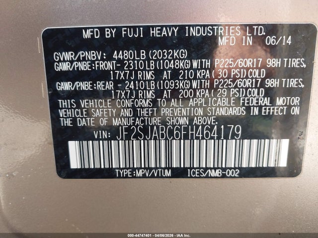 2015 Subaru Forester 2.5i მანქანა იყიდება აუქციონზე, vin: JF2SJABC6FH464179, აუქციონის ნომერი: 44747401