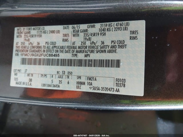Aukcja sprzedaży 2015 Ford Escape Se, vin: 1FMCU9GX2FUC88495, numer aukcji: 44747407
